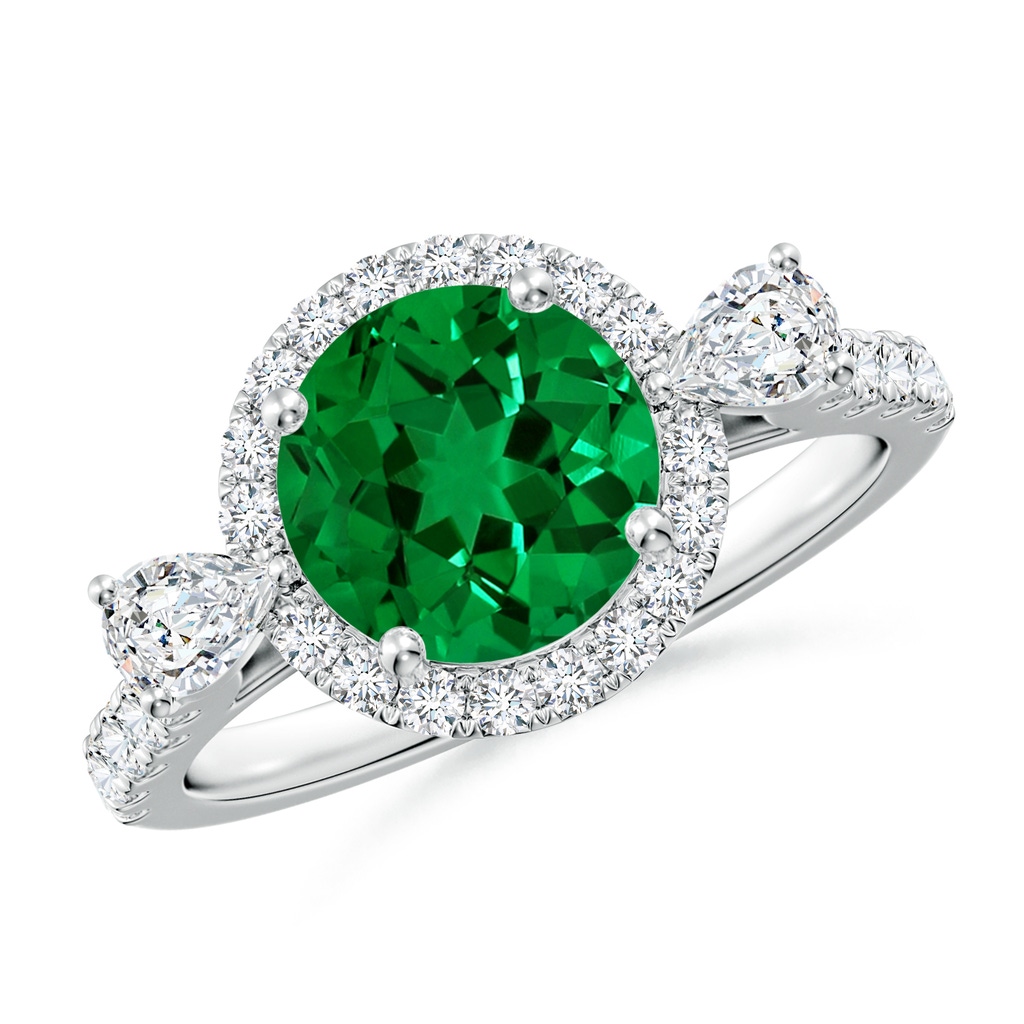8mm Labgrown Round Lab-Grown Emerald Halo Side Stone Engagement Ring in White Gold