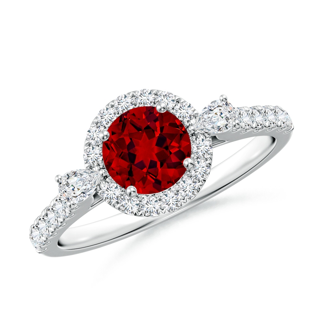 6mm Labgrown Round Lab-Grown Ruby Halo Side Stone Engagement Ring in White Gold