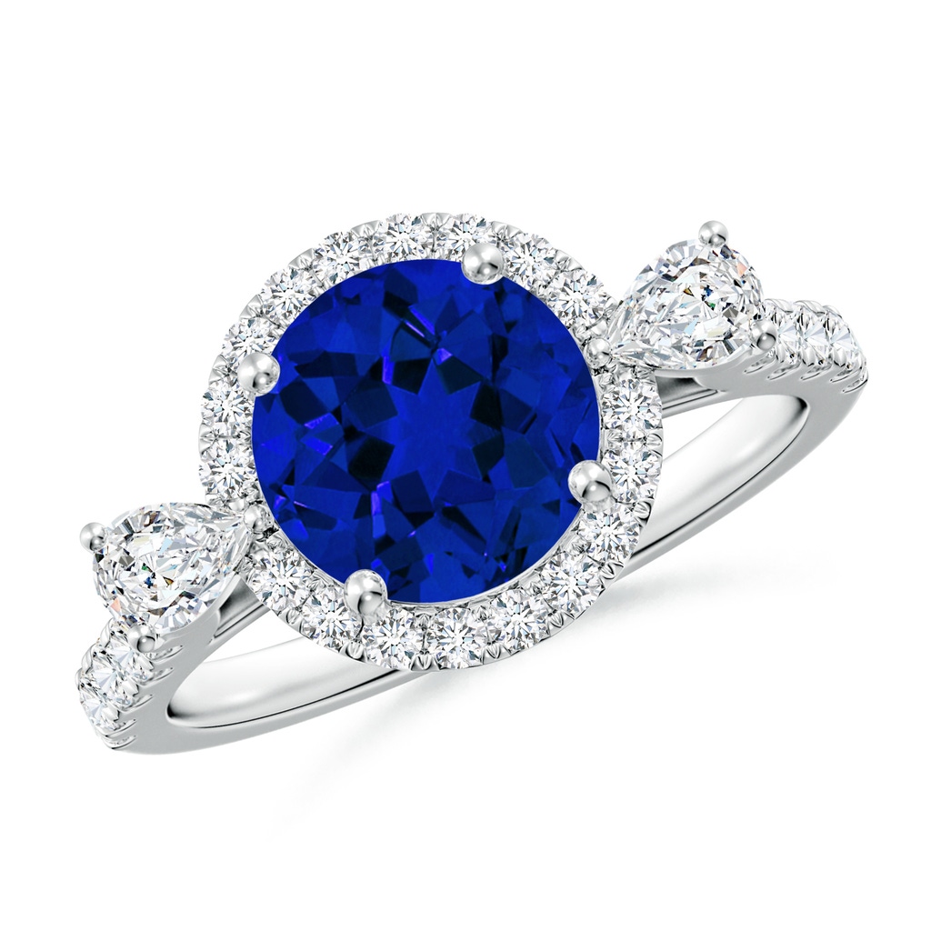8mm Labgrown Round Lab-Grown Blue Sapphire Halo Side Stone Engagement Ring in White Gold