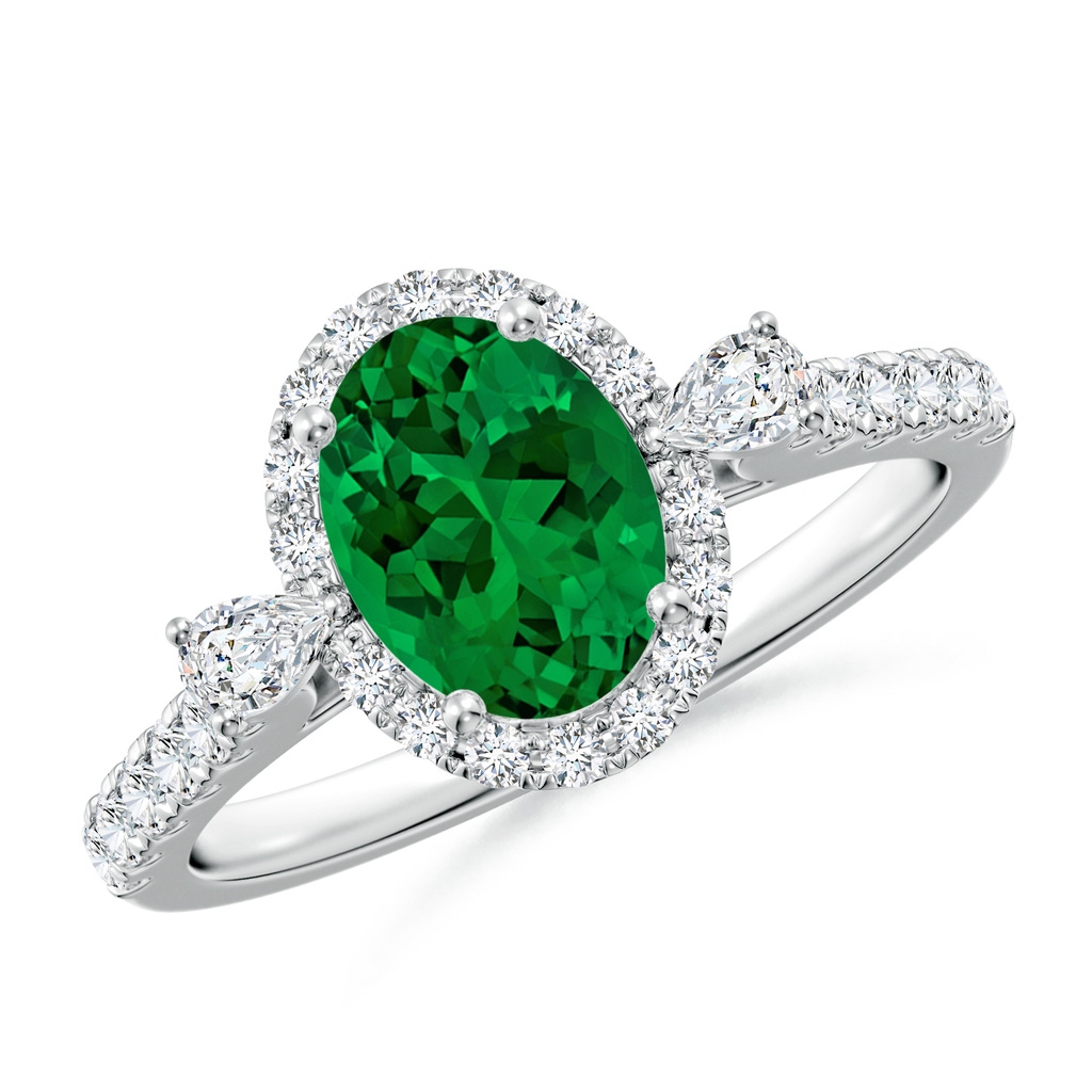 8x6mm Labgrown Oval Lab-Grown Emerald Halo Side Stone Engagement Ring in White Gold