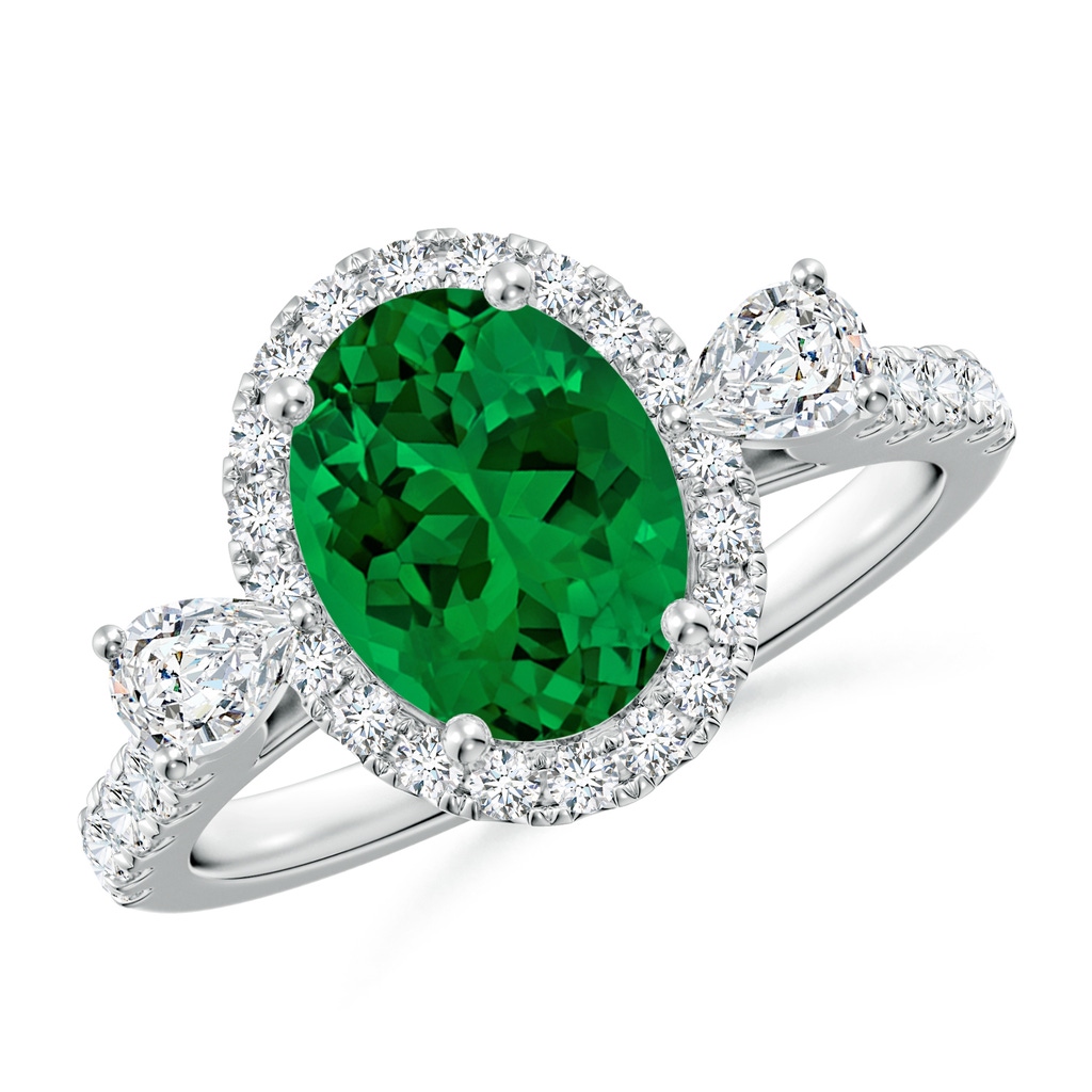 9x7mm Labgrown Oval Lab-Grown Emerald Halo Side Stone Engagement Ring in White Gold