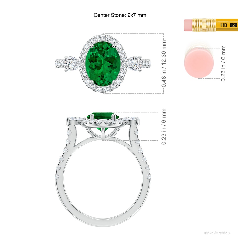 9x7mm Labgrown Oval Lab-Grown Emerald Halo Side Stone Engagement Ring in White Gold ruler