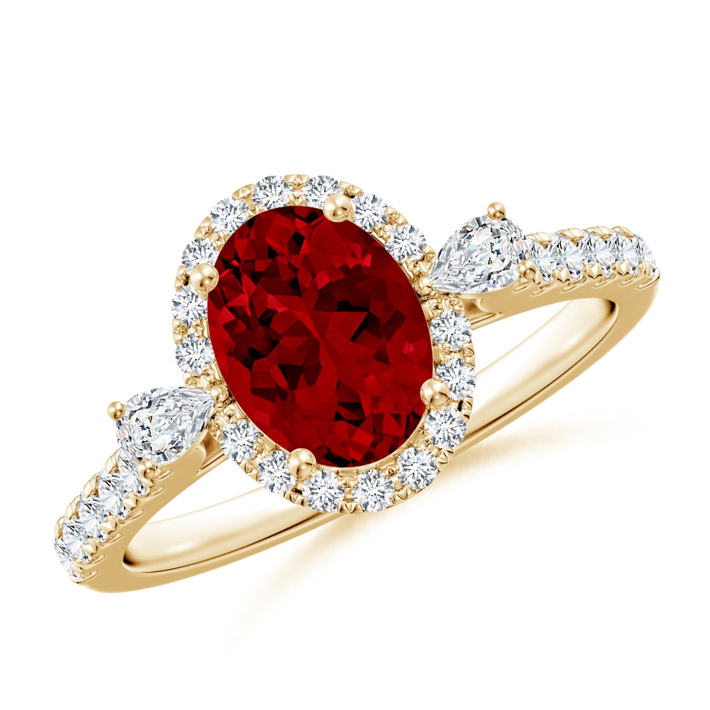 8x6mm Labgrown Oval Lab-Grown Ruby Halo Side Stone Engagement Ring in Yellow Gold