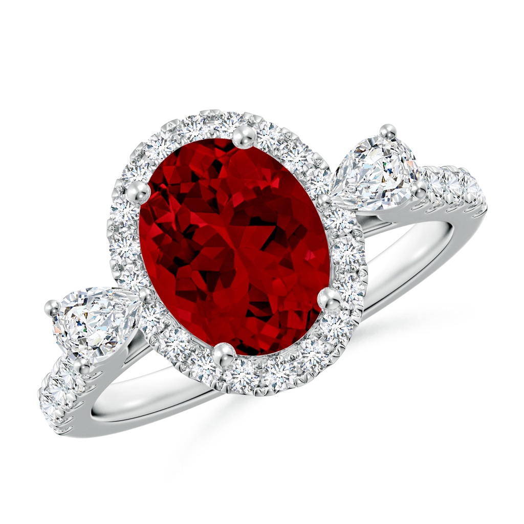 9x7mm Labgrown Oval Lab-Grown Ruby Halo Side Stone Engagement Ring in White Gold