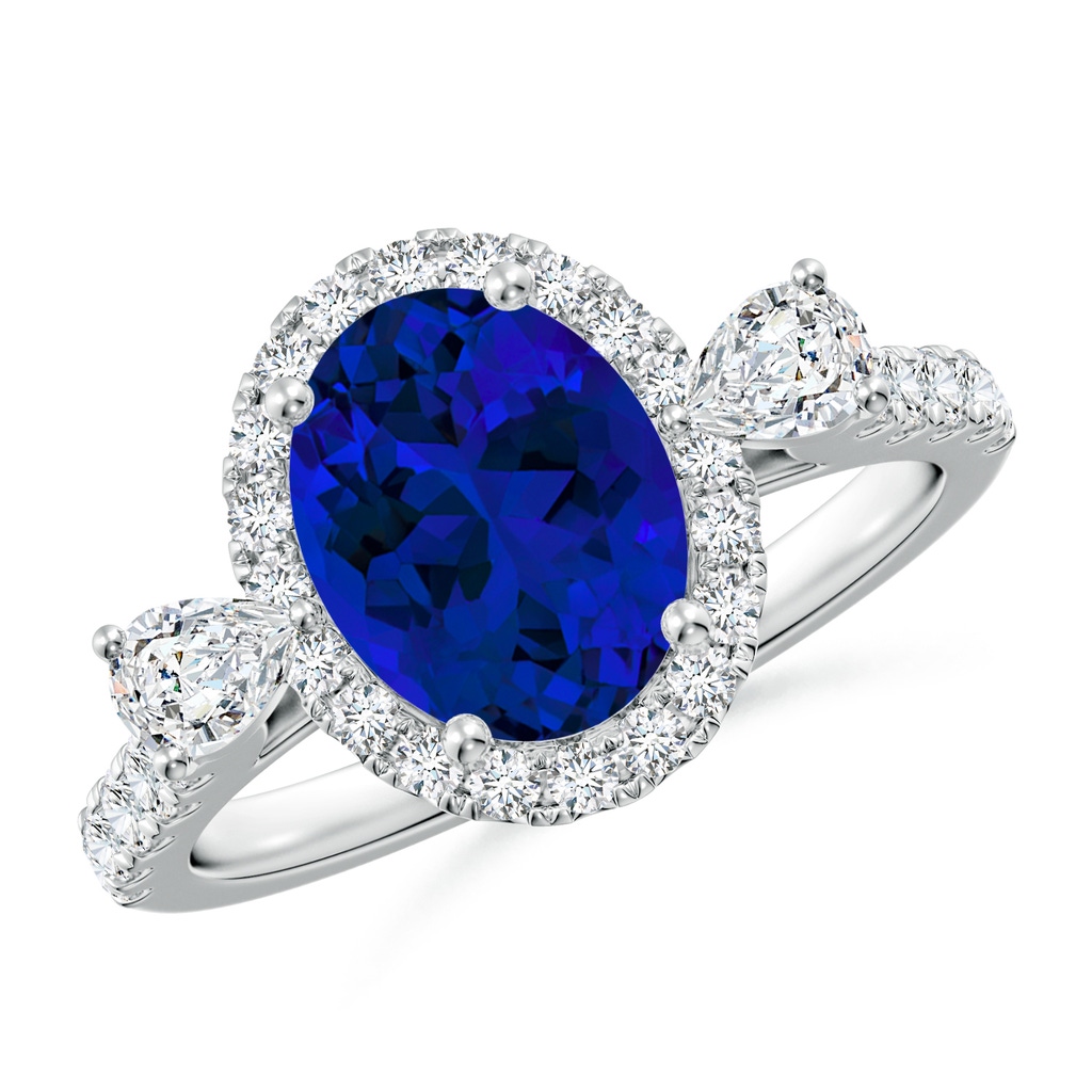 9x7mm Labgrown Oval Lab-Grown Blue Sapphire Halo Side Stone Engagement Ring in White Gold