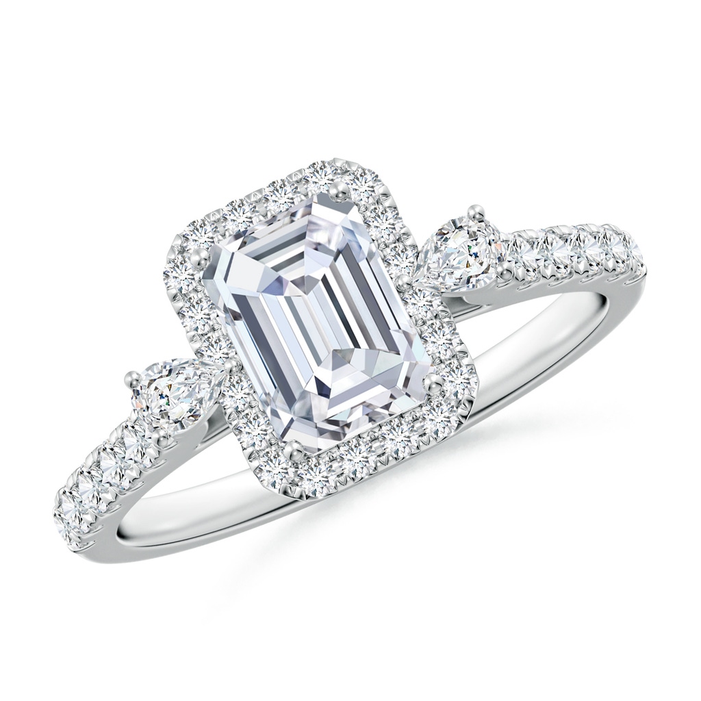 7x5mm FGVS Emerald-Cut Lab-Grown Diamond Halo Side Stone Engagement Ring in White Gold