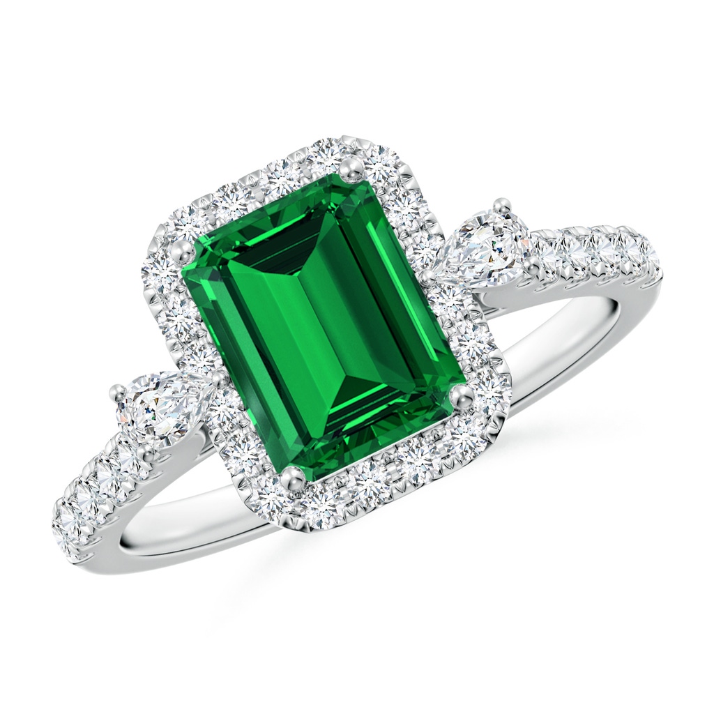 8x6mm Labgrown Emerald-Cut Lab-Grown Emerald Halo Side Stone Engagement Ring in White Gold