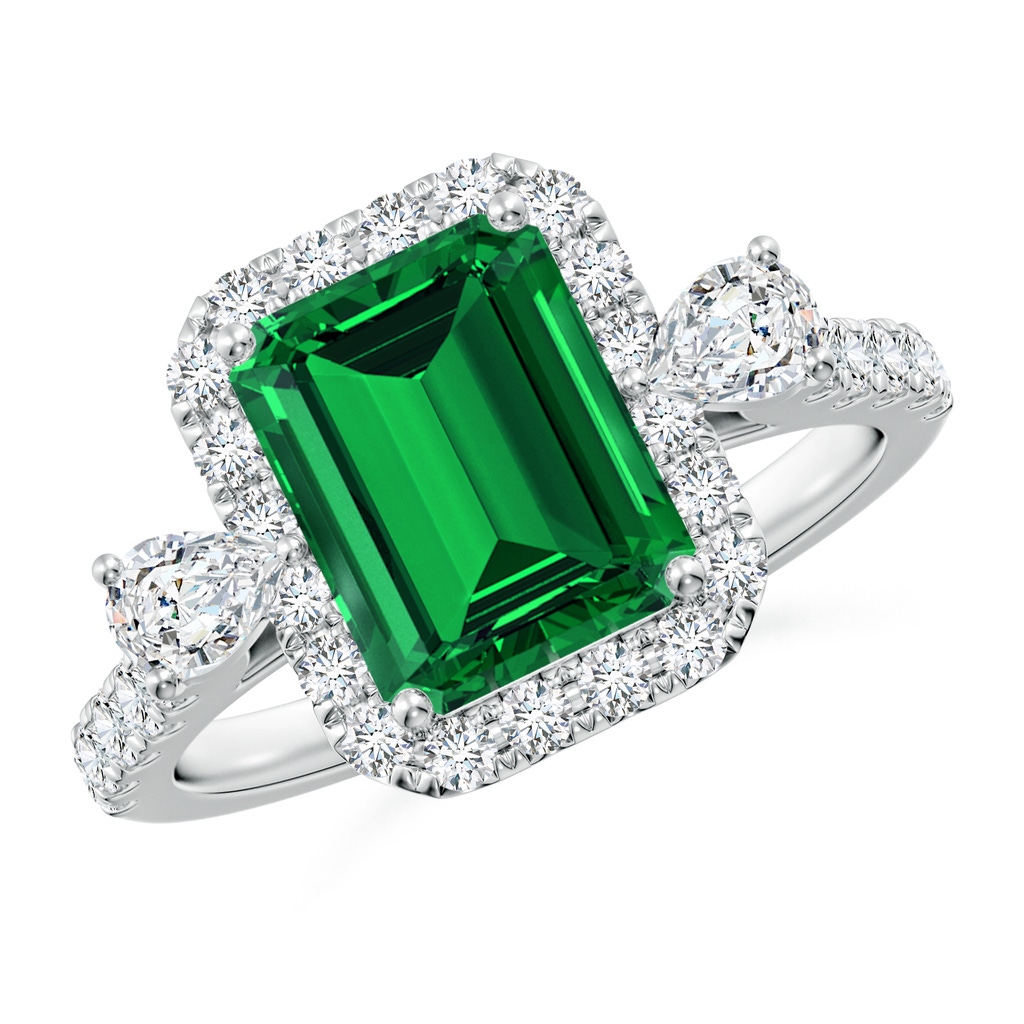 9x7mm Labgrown Emerald-Cut Lab-Grown Emerald Halo Side Stone Engagement Ring in White Gold
