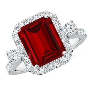 10x8mm Labgrown Emerald-Cut Lab-Grown Ruby Halo Side Stone Engagement Ring in P950 Platinum