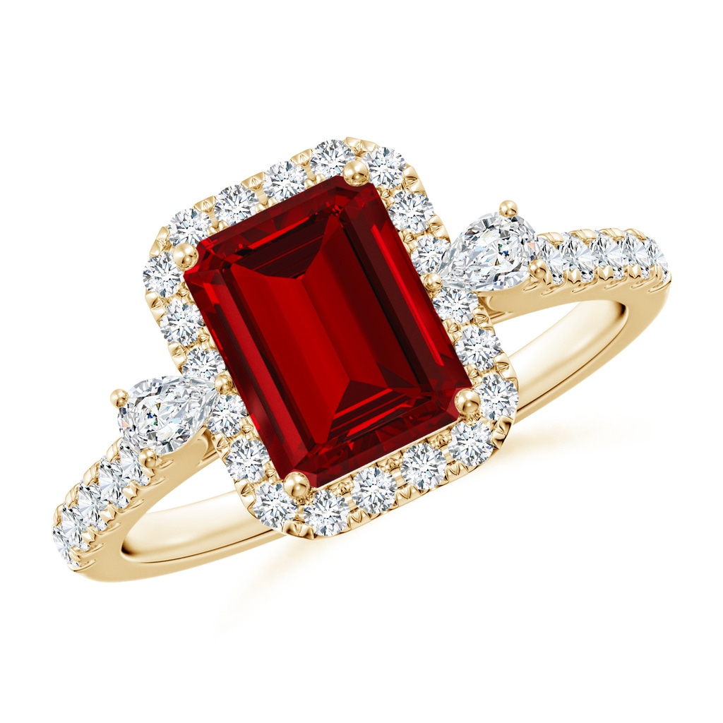 8x6mm Labgrown Emerald-Cut Lab-Grown Ruby Halo Side Stone Engagement Ring in Yellow Gold