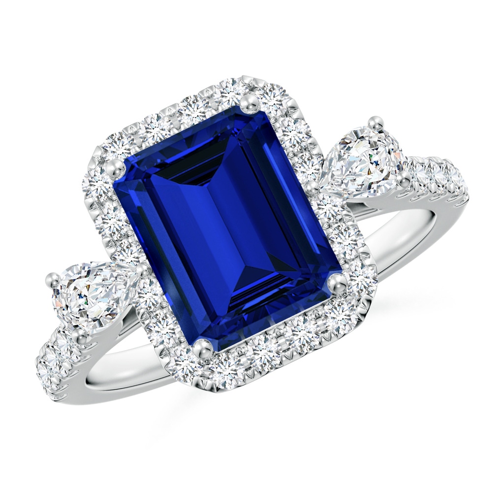 9x7mm Labgrown Emerald-Cut Lab-Grown Blue Sapphire Halo Side Stone Engagement Ring in White Gold