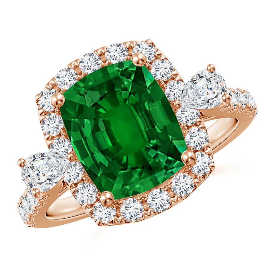 10x8mm Labgrown Cushion Rectangular Lab-Grown Emerald Halo Side Stone Engagement Ring in 18K Rose Gold 