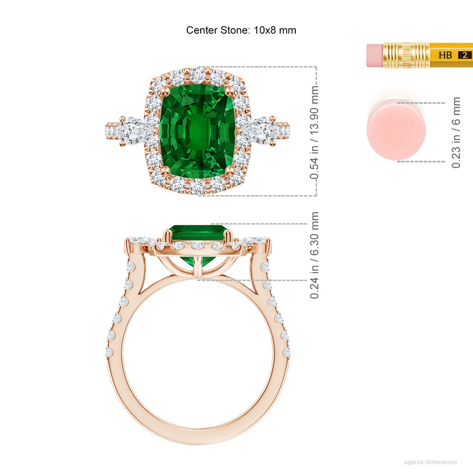 10x8mm Labgrown Cushion Rectangular Lab-Grown Emerald Halo Side Stone Engagement Ring in 18K Rose Gold ruler