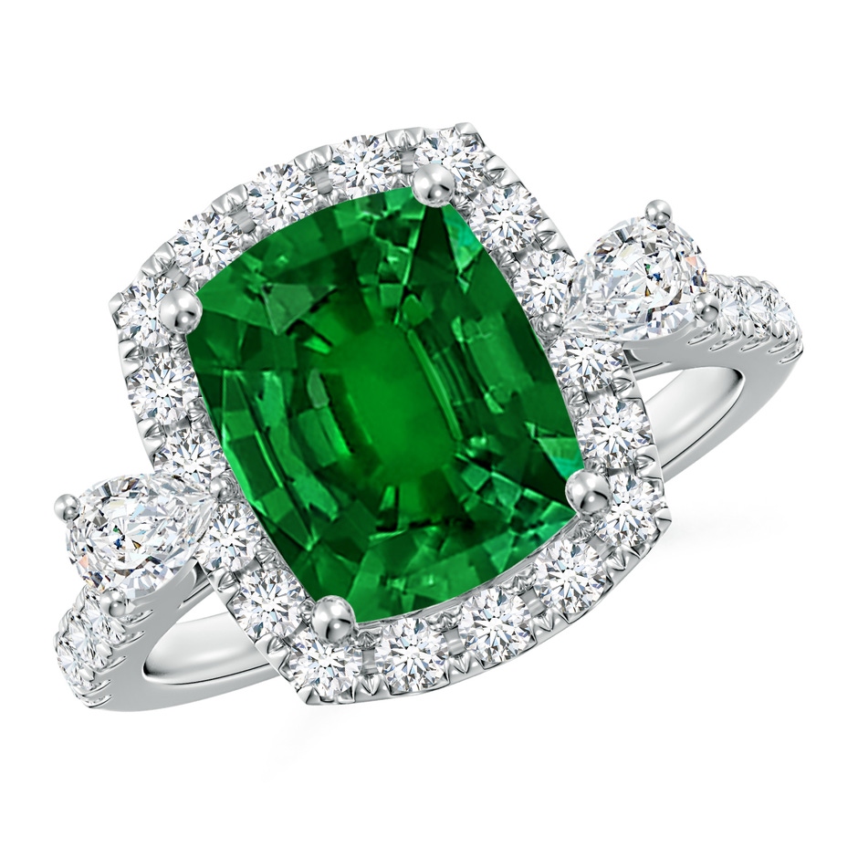 10x8mm Labgrown Cushion Rectangular Lab-Grown Emerald Halo Side Stone Engagement Ring in White Gold 