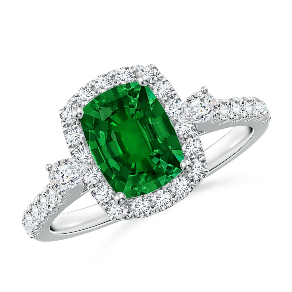 8x6mm Labgrown Cushion Rectangular Lab-Grown Emerald Halo Side Stone Engagement Ring in White Gold