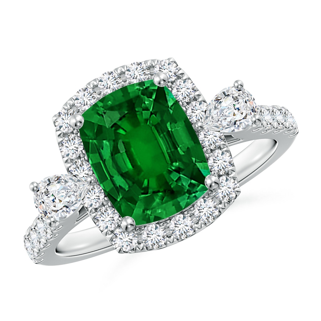 9x7mm Labgrown Cushion Rectangular Lab-Grown Emerald Halo Side Stone Engagement Ring in White Gold