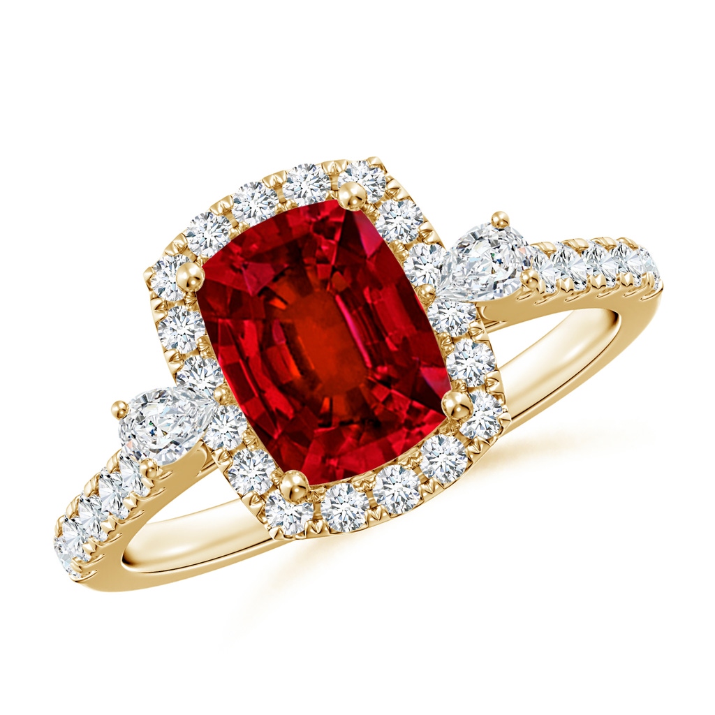 8x6mm Labgrown Cushion Rectangular Lab-Grown Ruby Halo Side Stone Engagement Ring in Yellow Gold