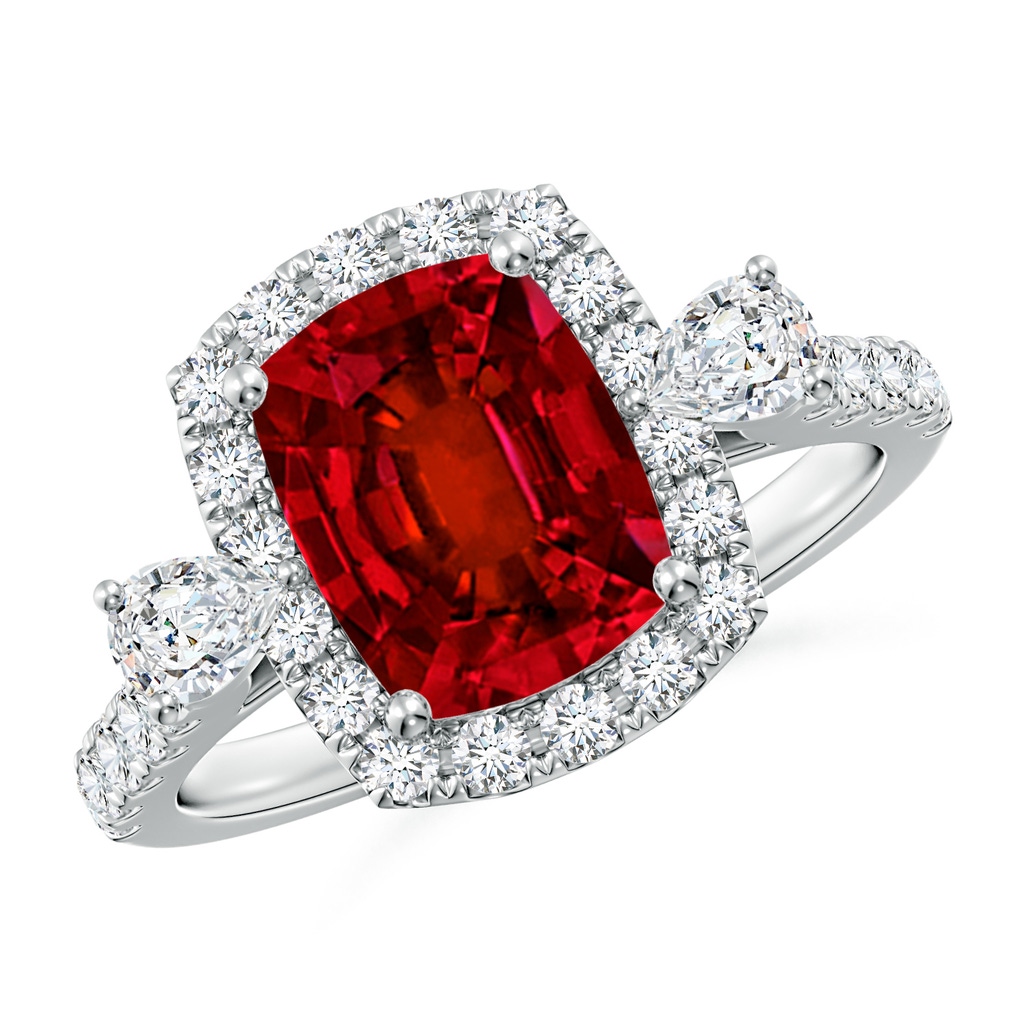 9x7mm Labgrown Cushion Rectangular Lab-Grown Ruby Halo Side Stone Engagement Ring in White Gold