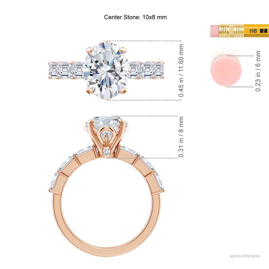 10x8mm FGVS Prong-Set Oval Lab-Grown Diamond Engagement Ring with Emerald-Cut Accents in 18K Rose Gold ruler