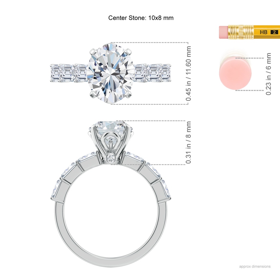 10x8mm FGVS Prong-Set Oval Lab-Grown Diamond Engagement Ring with Emerald-Cut Accents in White Gold ruler