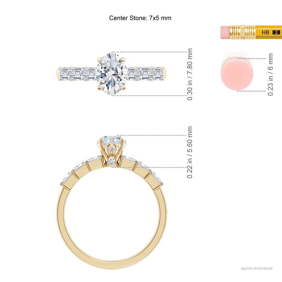 7x5mm FGVS Prong-Set Oval Lab-Grown Diamond Engagement Ring with Emerald-Cut Accents in Yellow Gold ruler