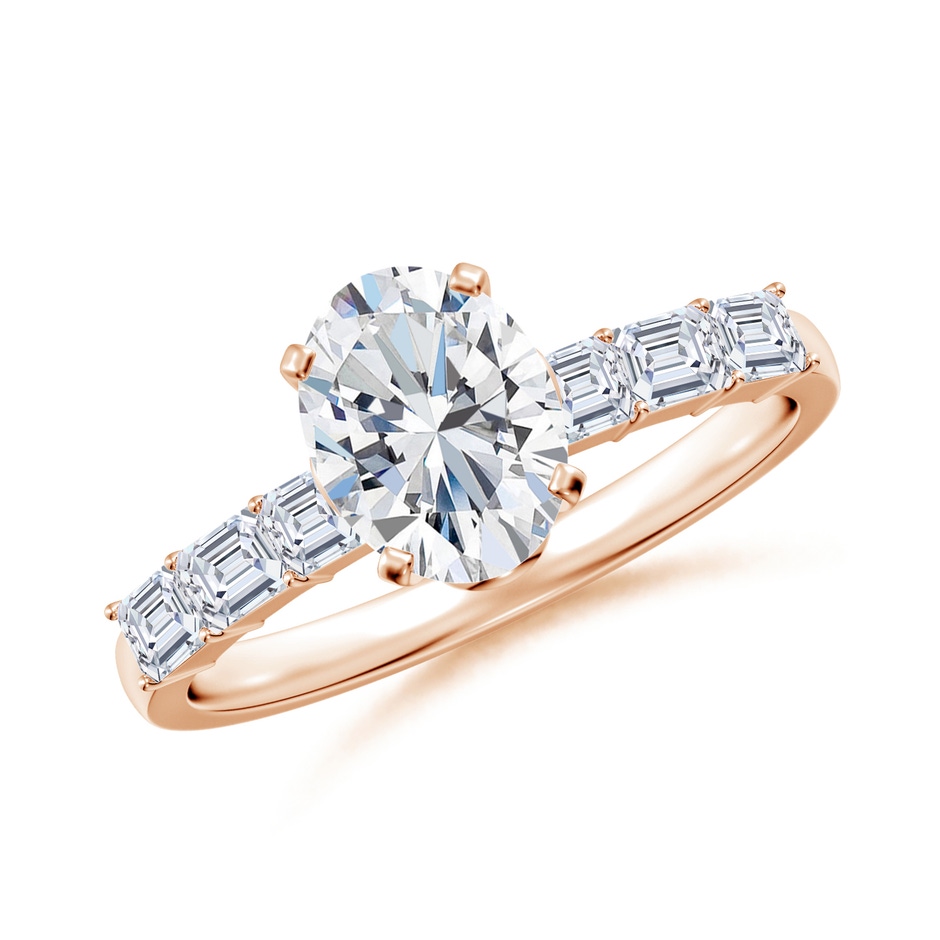 8x6mm FGVS Prong-Set Oval Lab-Grown Diamond Engagement Ring with Emerald-Cut Accents in Rose Gold 