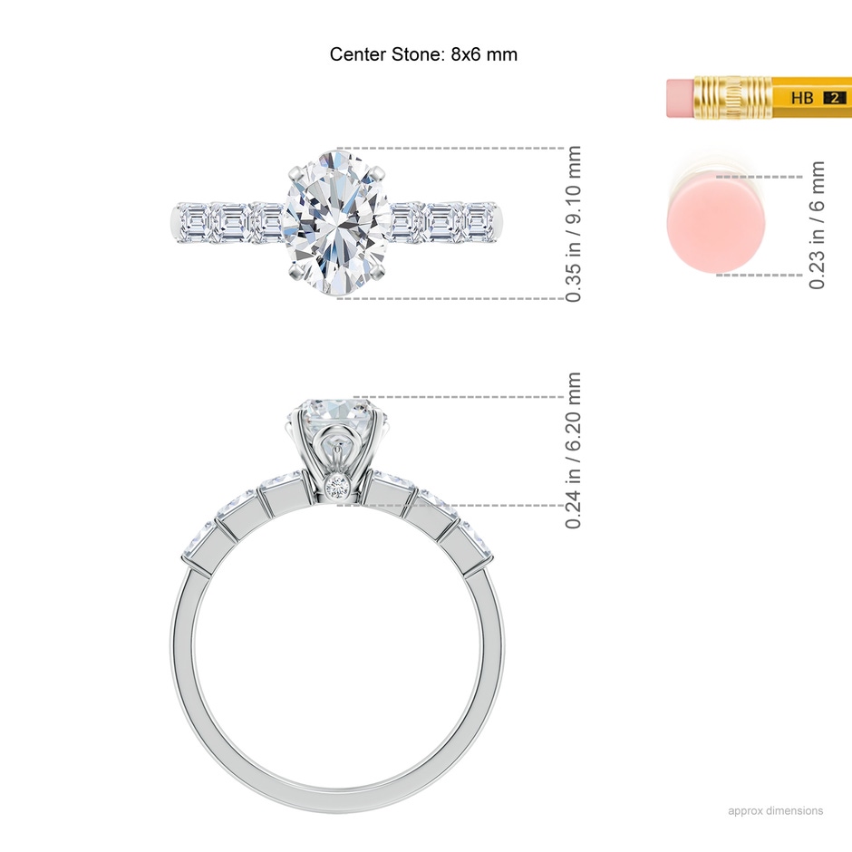 8x6mm FGVS Prong-Set Oval Lab-Grown Diamond Engagement Ring with Emerald-Cut Accents in White Gold ruler