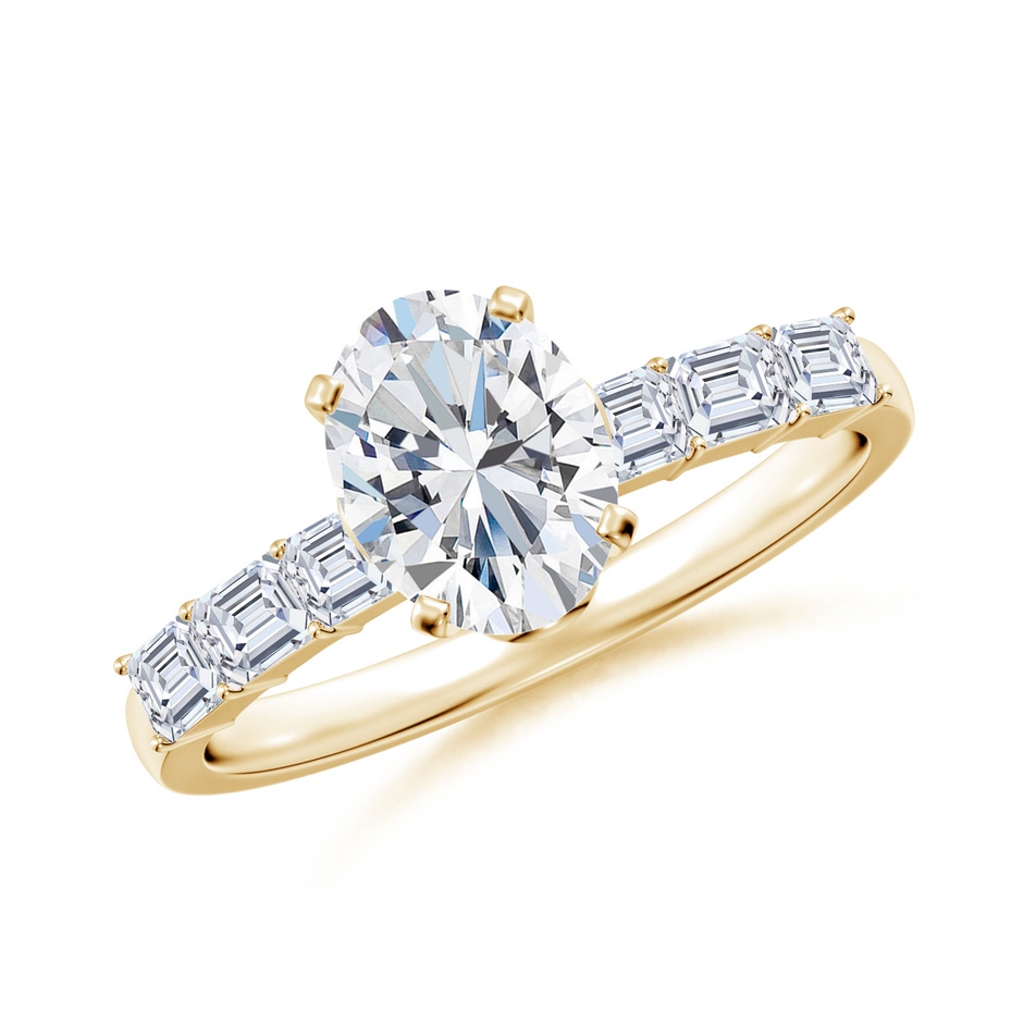 8x6mm FGVS Prong-Set Oval Lab-Grown Diamond Engagement Ring with Emerald-Cut Accents in Yellow Gold 