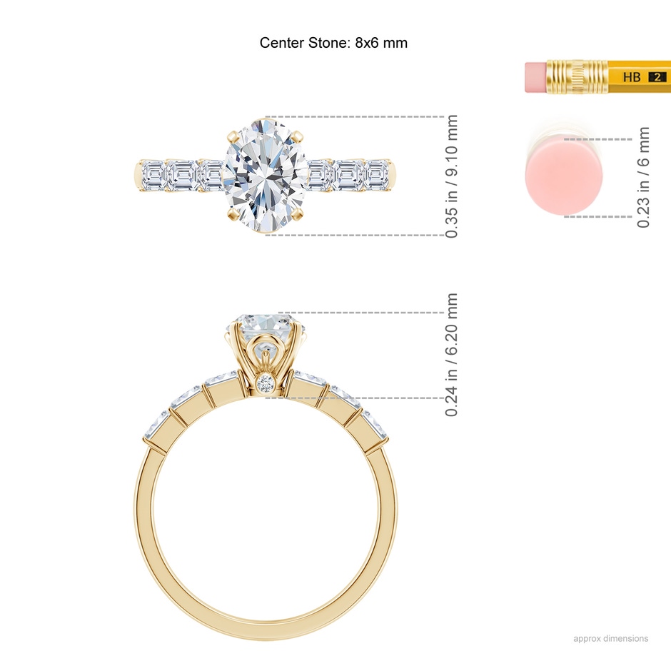 8x6mm FGVS Prong-Set Oval Lab-Grown Diamond Engagement Ring with Emerald-Cut Accents in Yellow Gold ruler