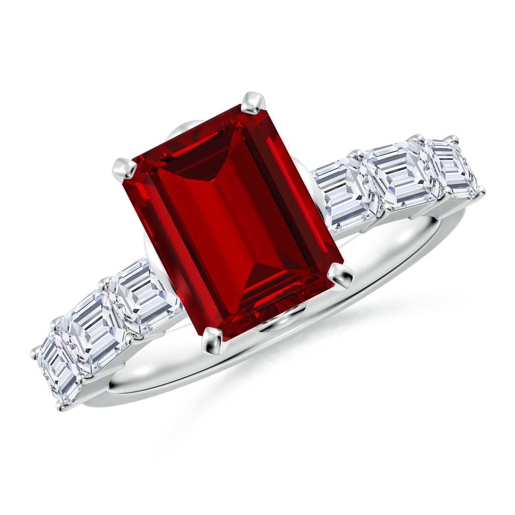 9x7mm Labgrown Emerald-Cut Lab-Grown Ruby Engagement Ring with Diamond Accents in White Gold