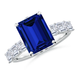 10x8mm Labgrown Emerald-Cut Lab-Grown Blue Sapphire Engagement Ring with Diamond Accents in White Gold