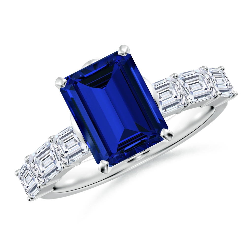 9x7mm Labgrown Emerald-Cut Lab-Grown Blue Sapphire Engagement Ring with Diamond Accents in White Gold