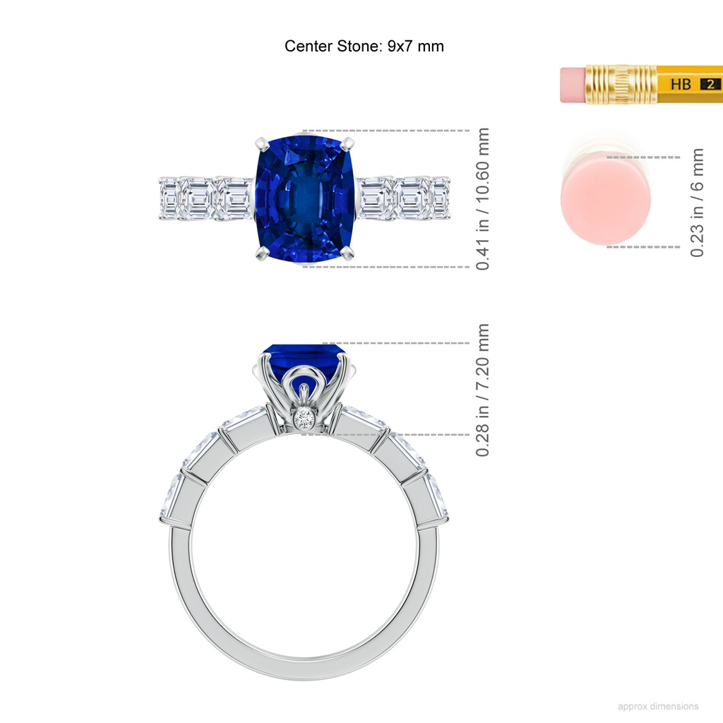 9x7mm Labgrown Cushion Rectangular Lab-Grown Blue Sapphire Engagement Ring with Diamond Accents in White Gold ruler