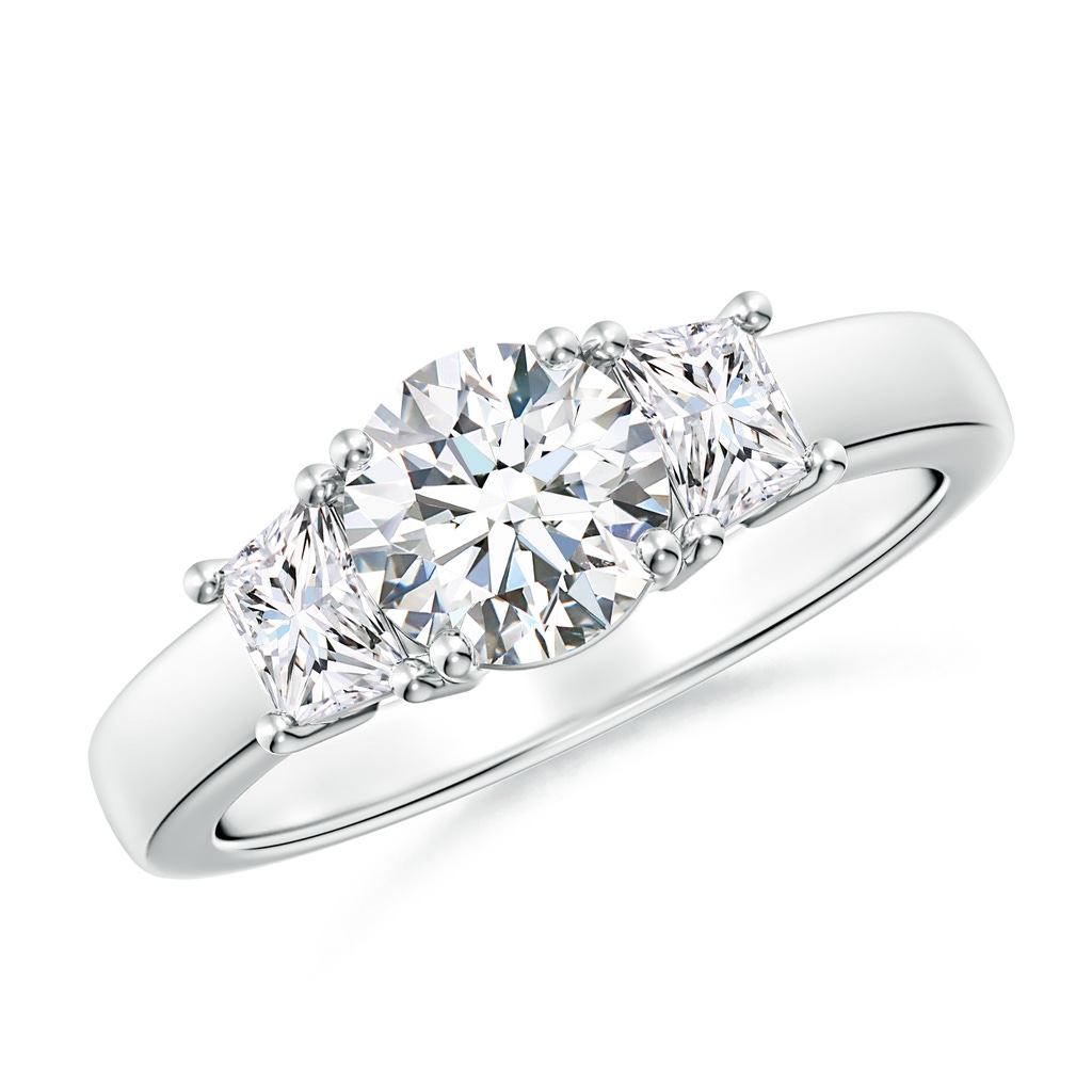 6.4mm FGVS Classic Round and Trapezoid Lab-Grown Diamond Three Stone Engagement Ring in White Gold