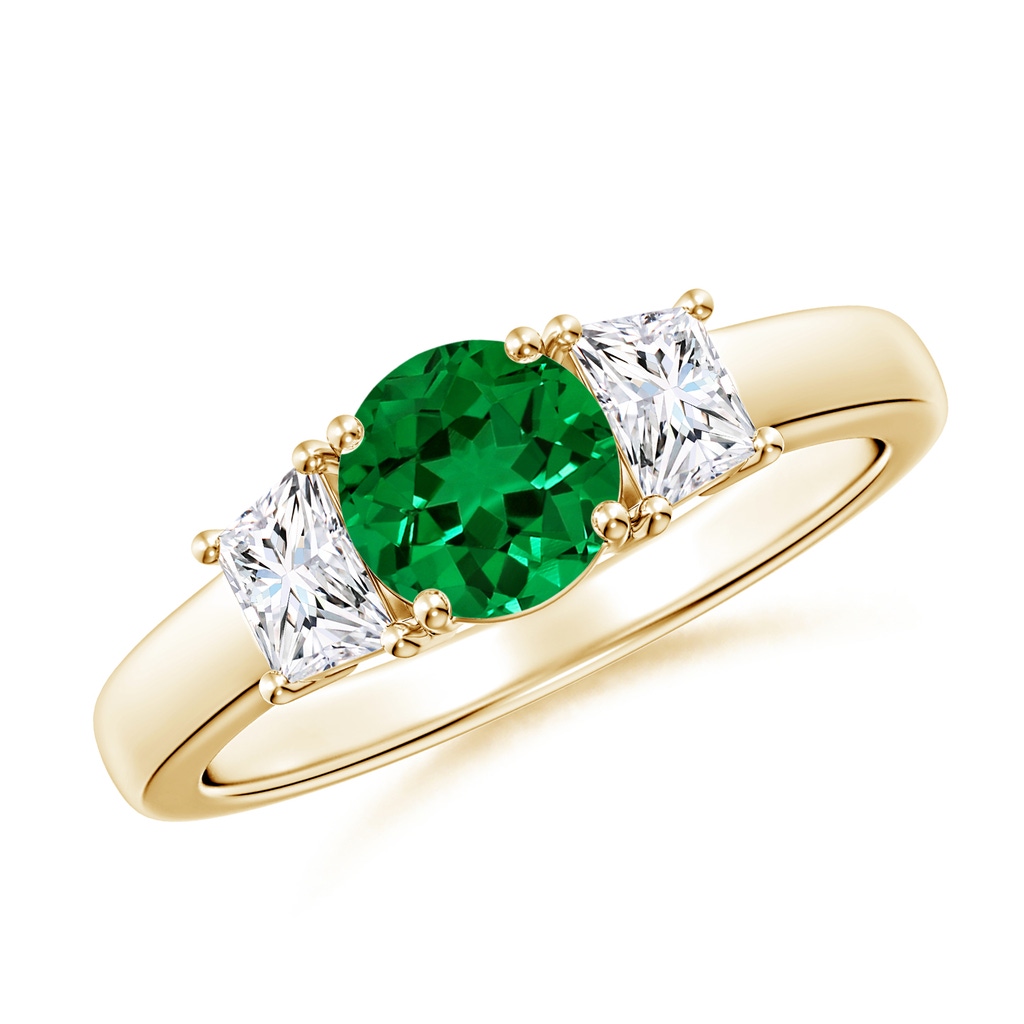 6mm Labgrown Classic Round Lab-Grown Emerald and Trapezoid Diamond Three Stone Engagement Ring in 18K Yellow Gold