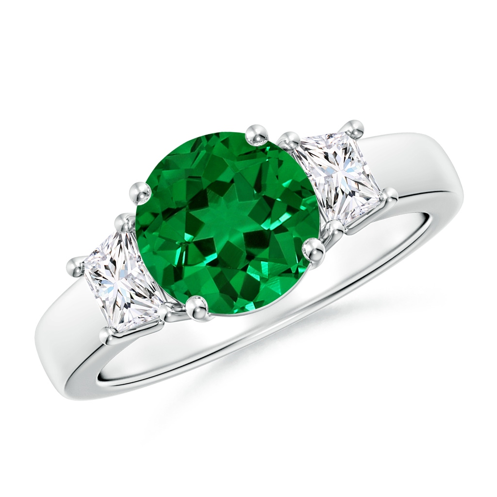 8mm Labgrown Classic Round Lab-Grown Emerald and Trapezoid Diamond Three Stone Engagement Ring in White Gold
