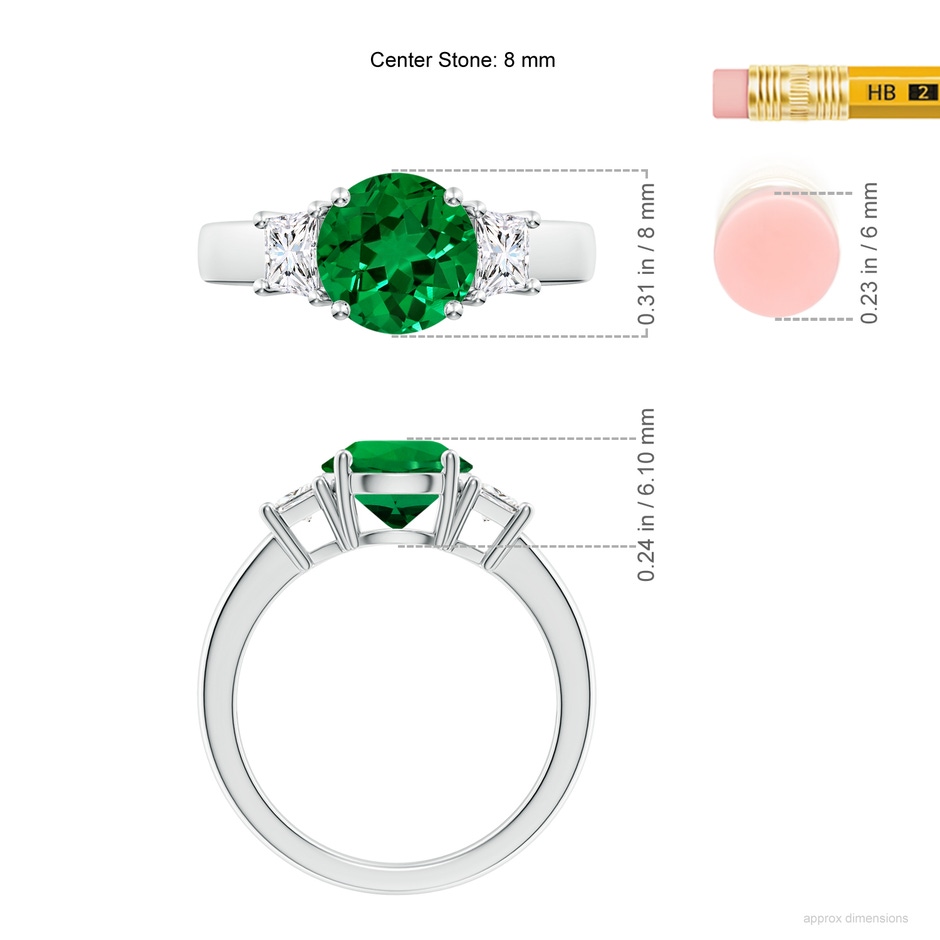 8mm Labgrown Classic Round Lab-Grown Emerald and Trapezoid Diamond Three Stone Engagement Ring in White Gold ruler