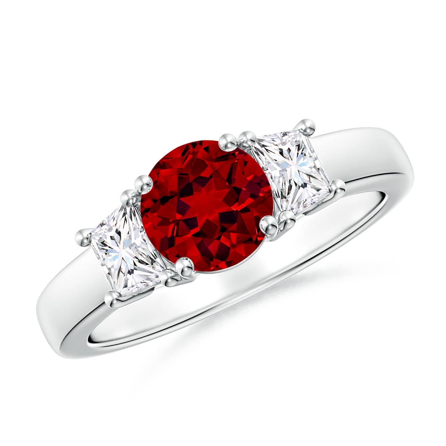 6.5mm Labgrown Classic Round Lab-Grown Ruby and Trapezoid Diamond Three Stone Engagement Ring in White Gold