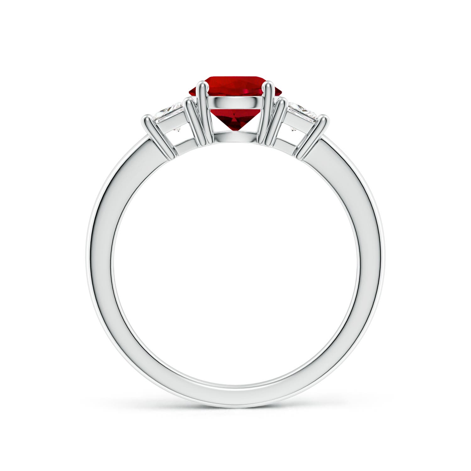 6.5mm Labgrown Classic Round Lab-Grown Ruby and Trapezoid Diamond Three Stone Engagement Ring in White Gold