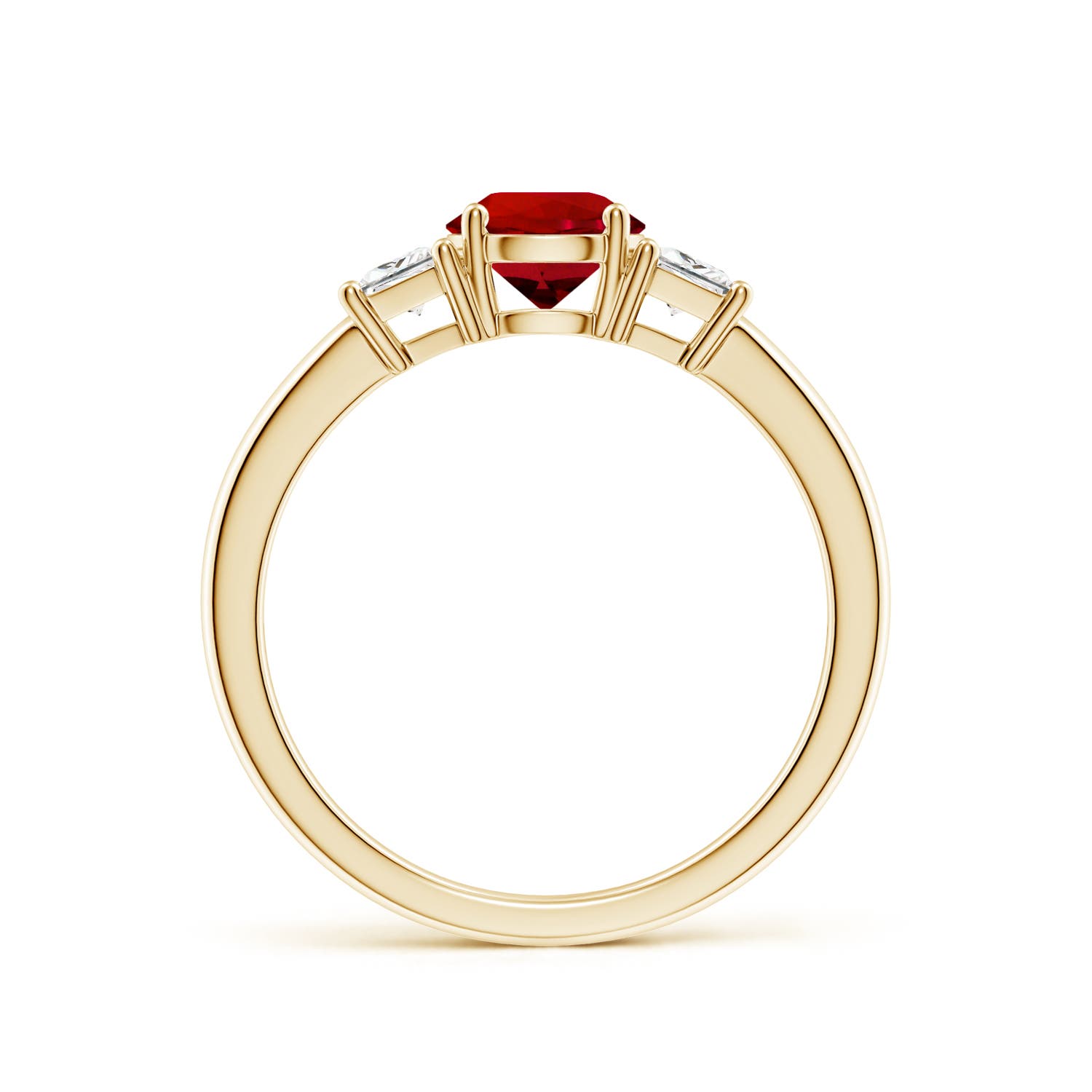 6mm Labgrown Classic Round Lab-Grown Ruby and Trapezoid Diamond Three Stone Engagement Ring in 18K Yellow Gold