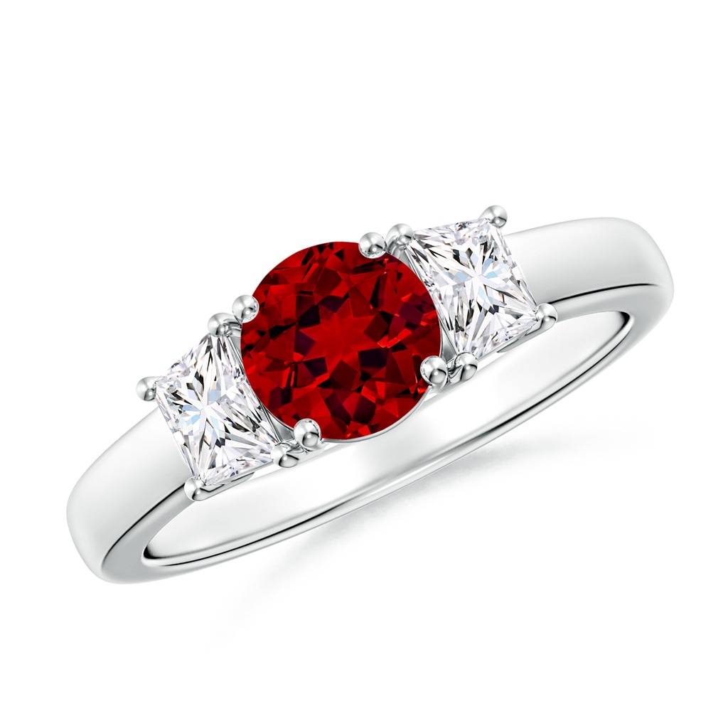 6mm Labgrown Classic Round Lab-Grown Ruby and Trapezoid Diamond Three Stone Engagement Ring in White Gold