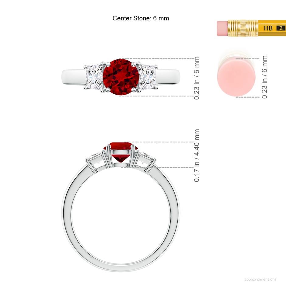 6mm Labgrown Classic Round Lab-Grown Ruby and Trapezoid Diamond Three Stone Engagement Ring in White Gold ruler