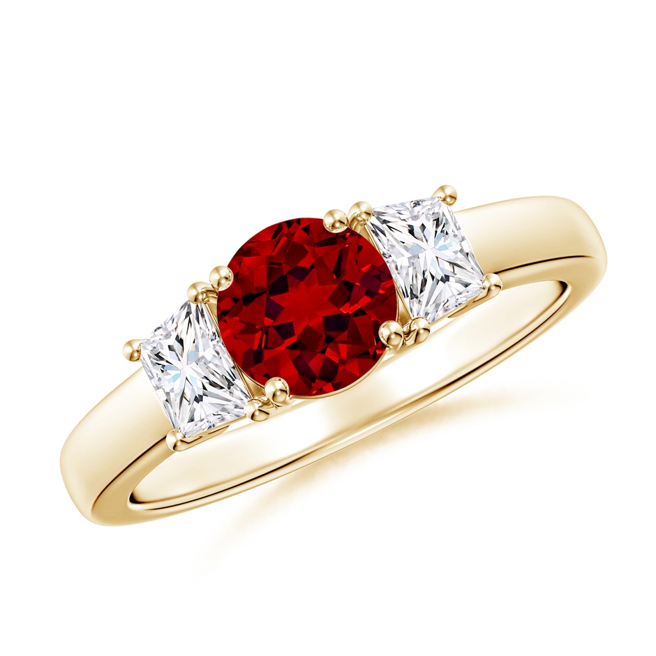 6mm Labgrown Classic Round Lab-Grown Ruby and Trapezoid Diamond Three Stone Engagement Ring in Yellow Gold 
