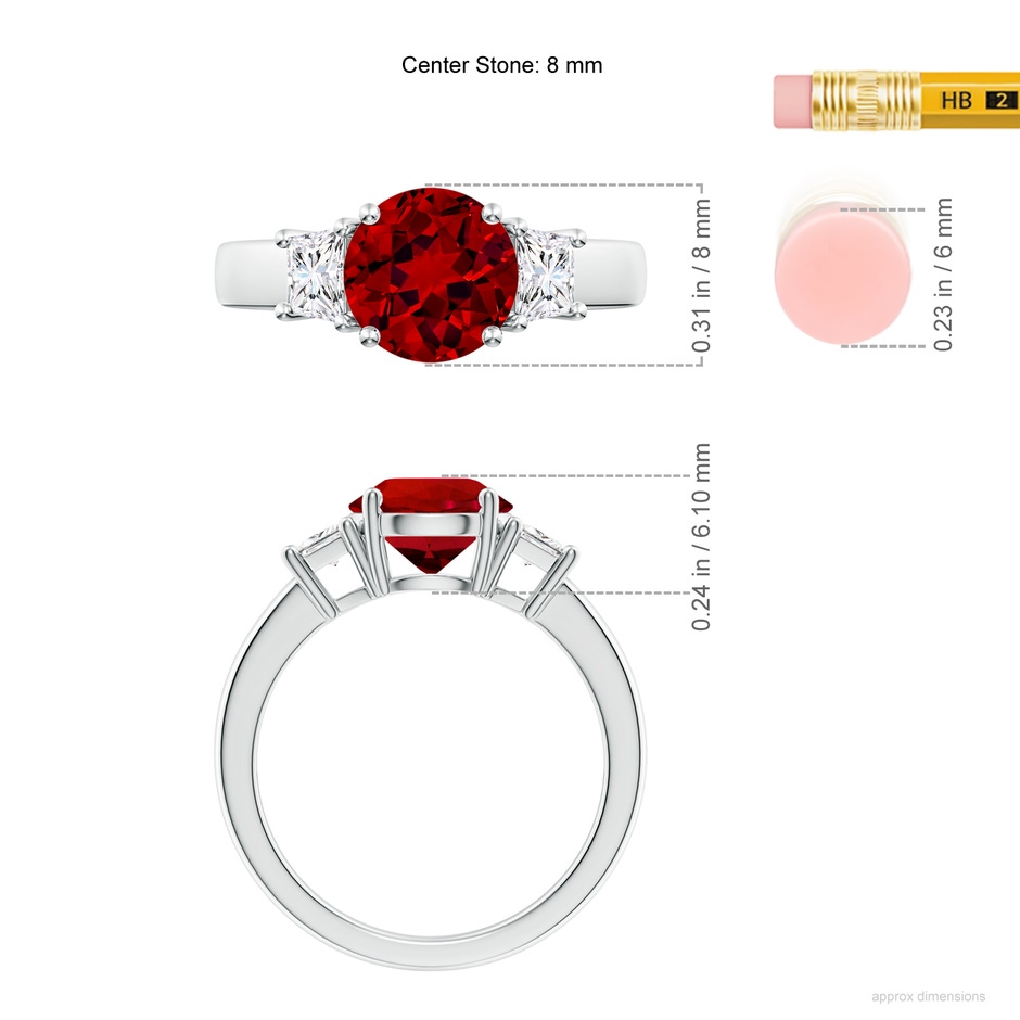 8mm Labgrown Classic Round Lab-Grown Ruby and Trapezoid Diamond Three Stone Engagement Ring in 18K White Gold ruler
