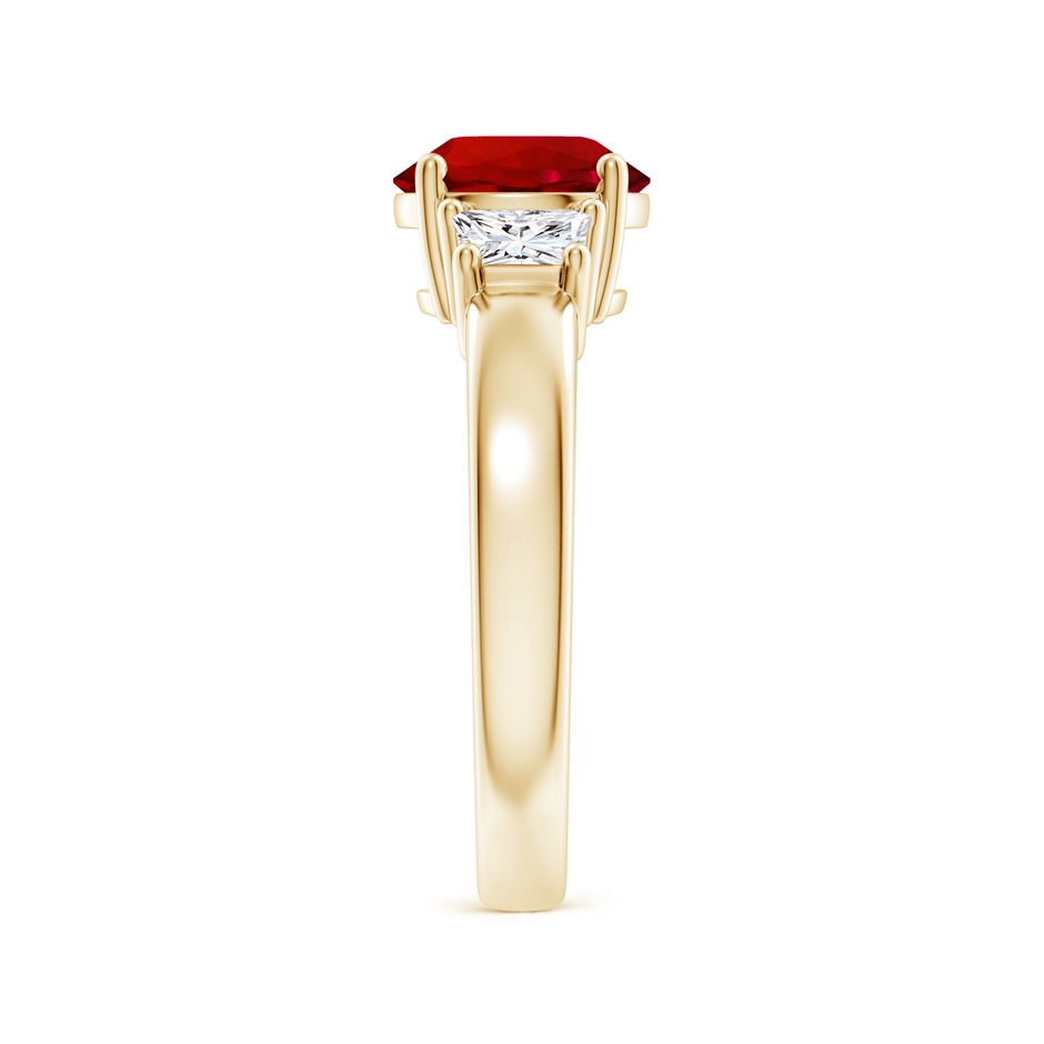 8mm Labgrown Classic Round Lab-Grown Ruby and Trapezoid Diamond Three Stone Engagement Ring in 18K Yellow Gold side 299