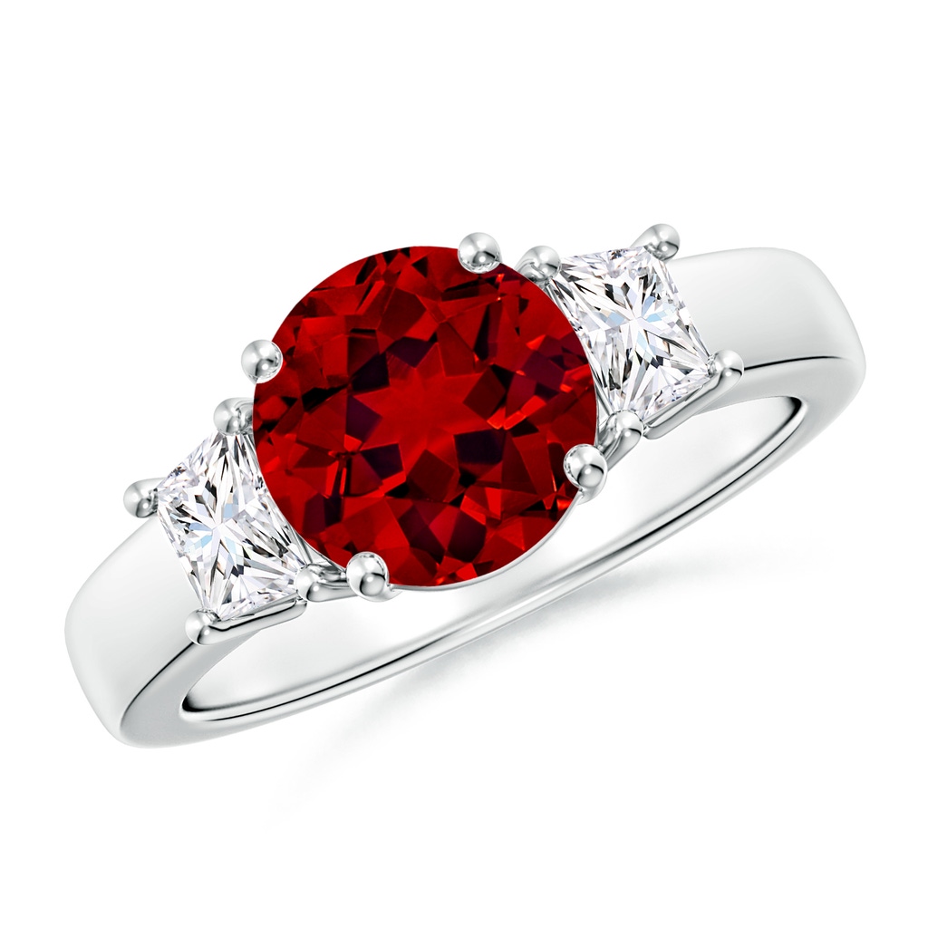 8mm Labgrown Classic Round Lab-Grown Ruby and Trapezoid Diamond Three Stone Engagement Ring in White Gold