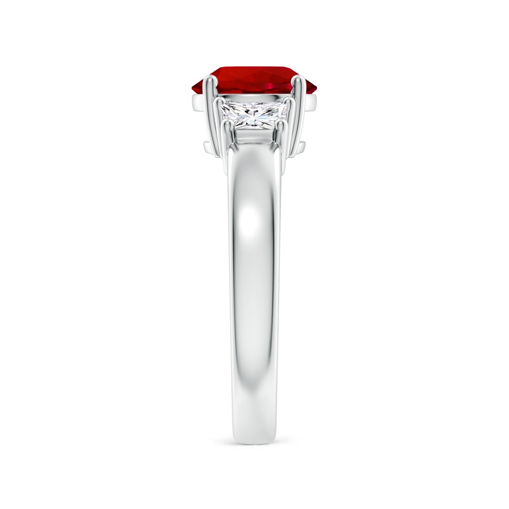 8mm Labgrown Classic Round Lab-Grown Ruby and Trapezoid Diamond Three Stone Engagement Ring in White Gold Side 299