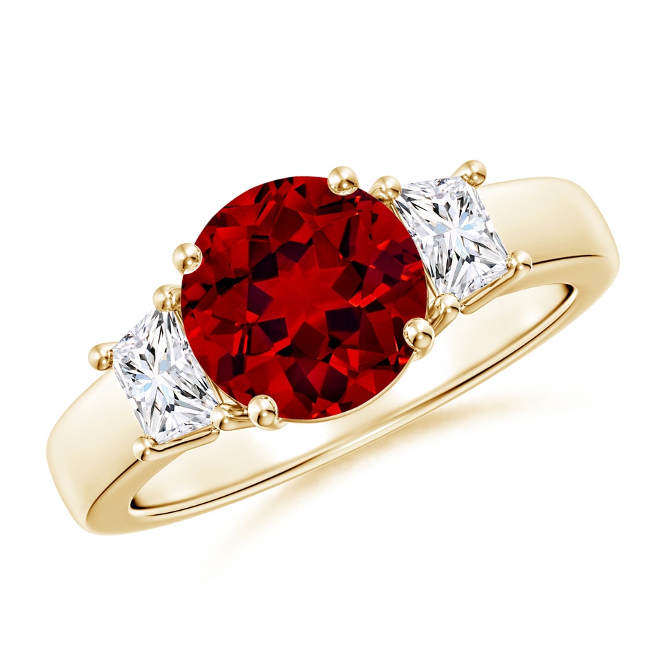 8mm Labgrown Classic Round Lab-Grown Ruby and Trapezoid Diamond Three Stone Engagement Ring in Yellow Gold 