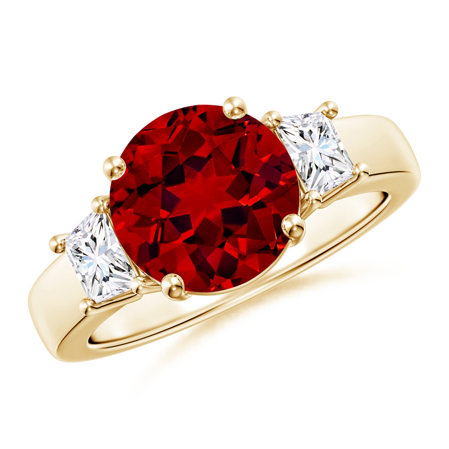 9mm Labgrown Classic Round Lab-Grown Ruby and Trapezoid Diamond Three Stone Engagement Ring in 18CT Yellow Gold