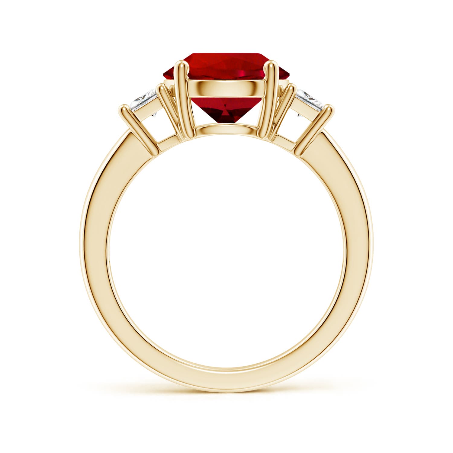 9mm Labgrown Classic Round Lab-Grown Ruby and Trapezoid Diamond Three Stone Engagement Ring in 18K Yellow Gold